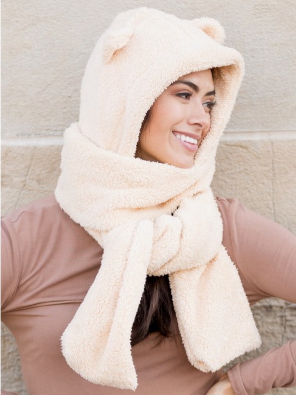 Plush Bear Ear Hooded Scarf - Cream